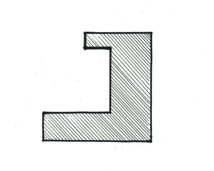 Un dibujo en blanco y negro de la letra j sobre un fondo blanco.