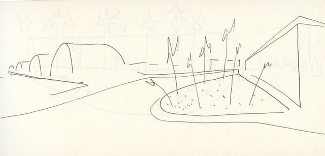 Un dibujo en blanco y negro de un paisaje con un edificio al fondo.