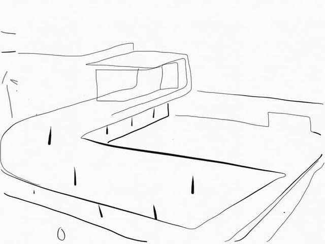 Un dibujo en blanco y negro de una casa en una colina.