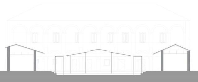 Un dibujo en blanco y negro de un edificio sobre un fondo blanco.