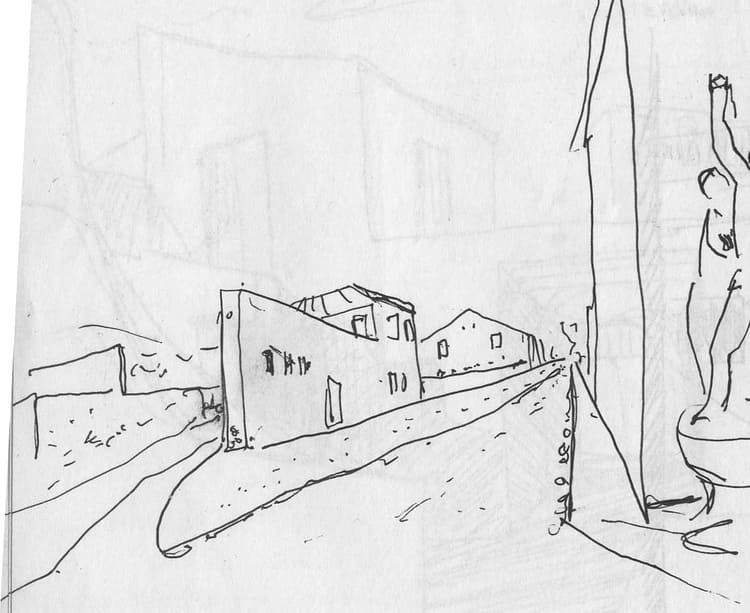 Un dibujo en blanco y negro de una calle con edificios y una estatua.