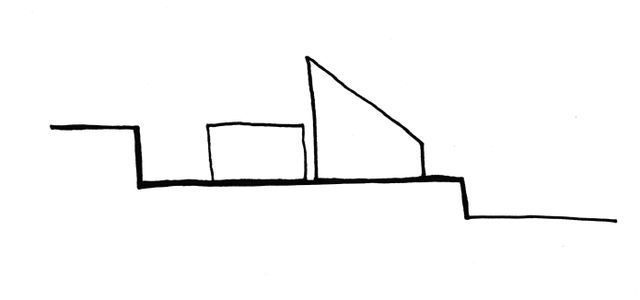 Un dibujo en blanco y negro de un edificio con escaleras y una ventana.