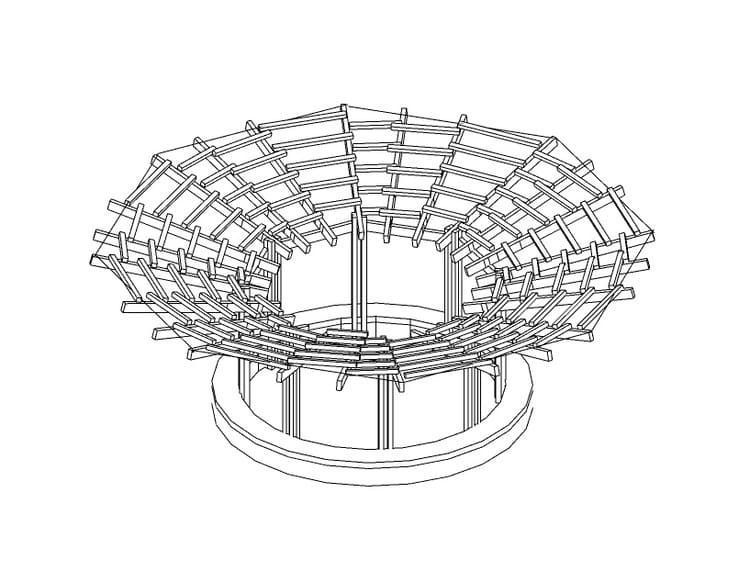 Un dibujo en blanco y negro de una estructura circular sobre un fondo blanco.