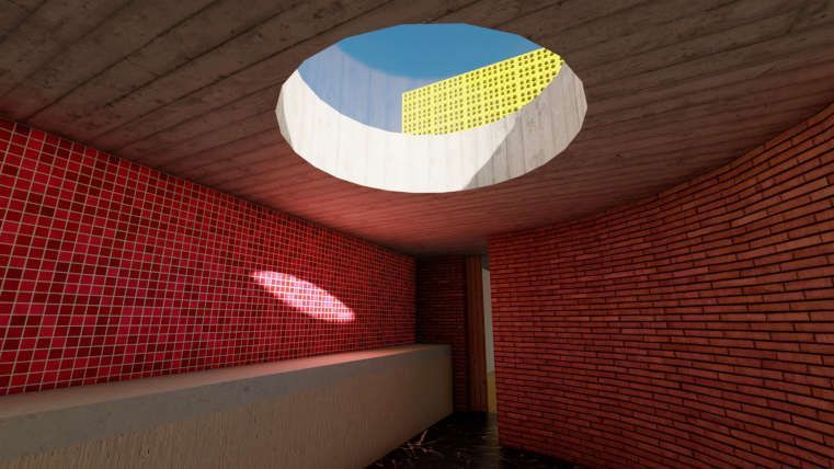 Una habitación con paredes de ladrillo rojo y una ventana redonda en el techo.