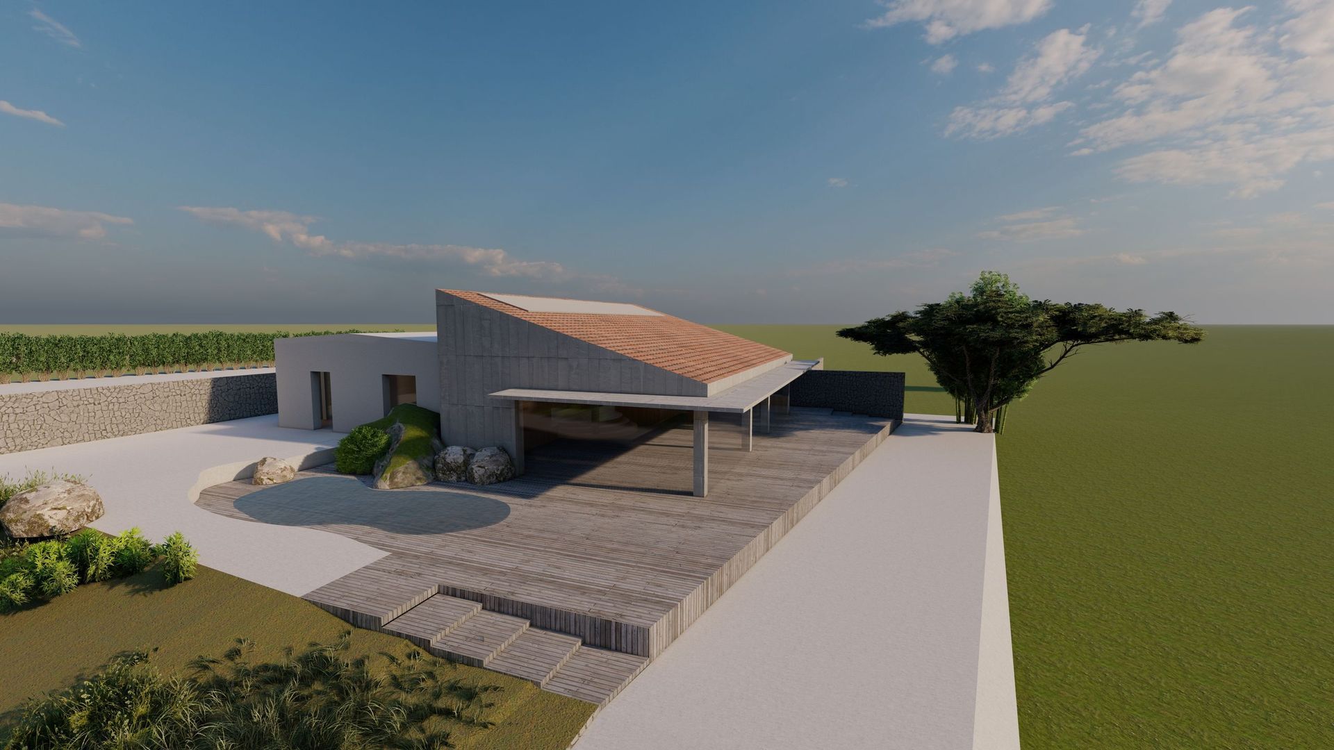 Impresión artística de una casa con techo de tejas rojas.