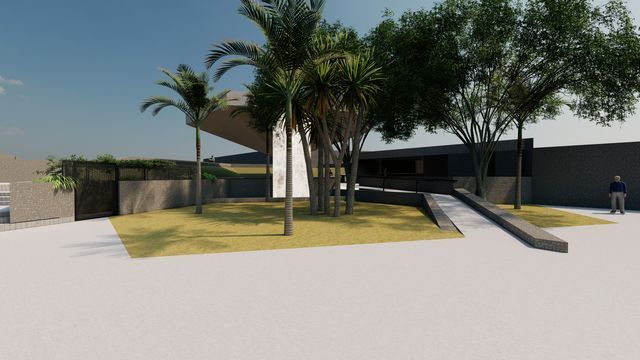 Impresión artística de una casa con palmeras y una rampa.