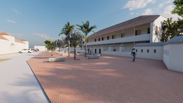 Impresión artística de un edificio con palmeras delante.