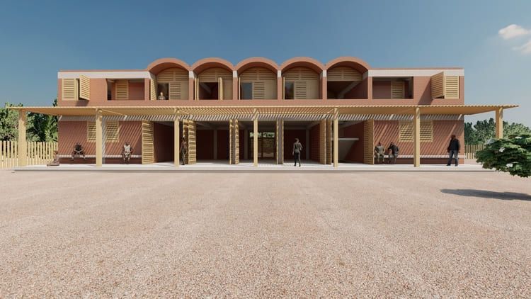 Impresión artística de un edificio en el desierto.