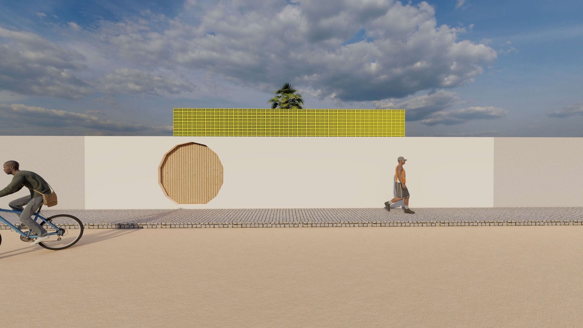 Un hombre va en bicicleta frente a una pared blanca.