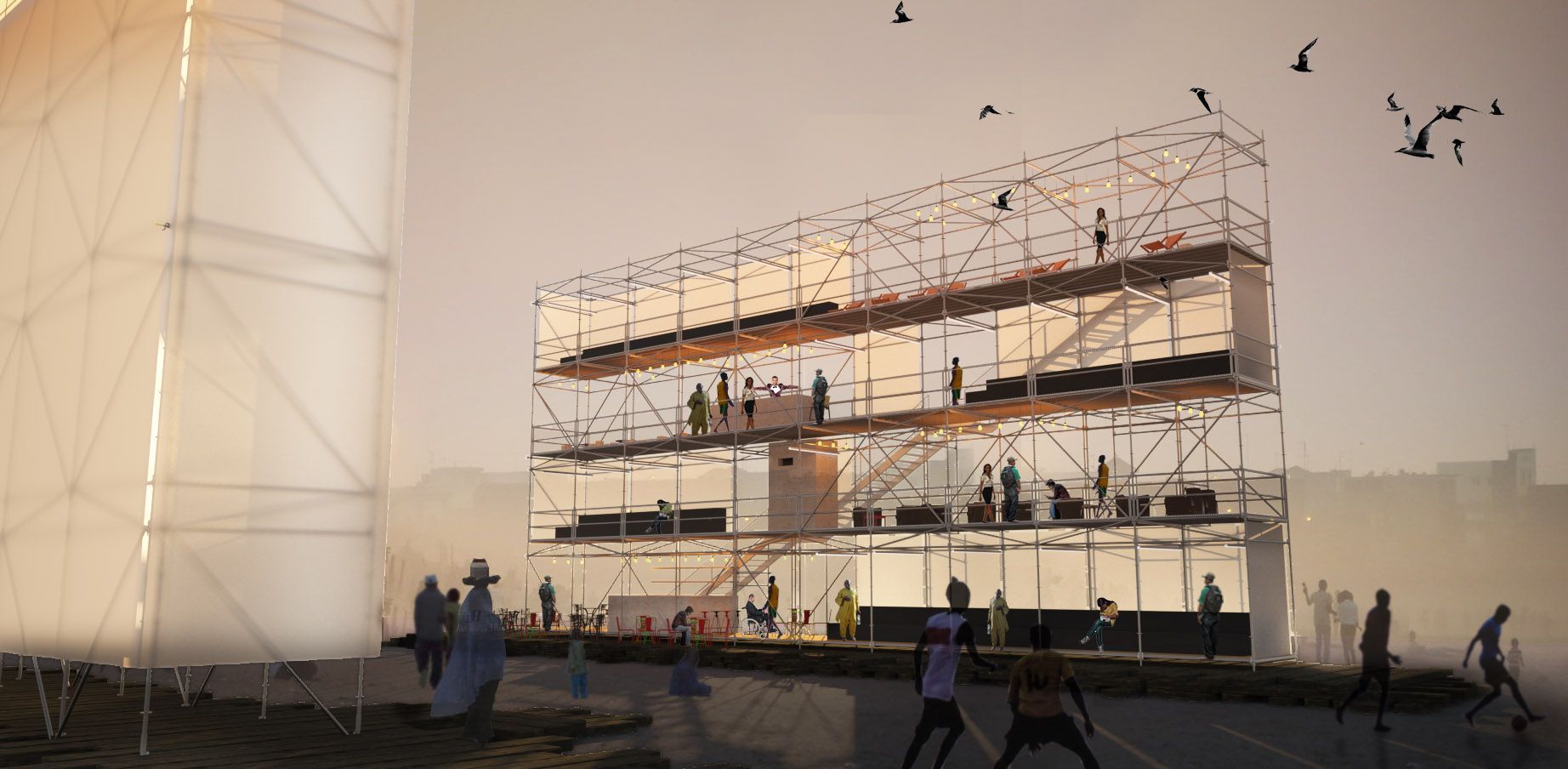 Un grupo de personas está de pie frente a un edificio que se está construyendo.