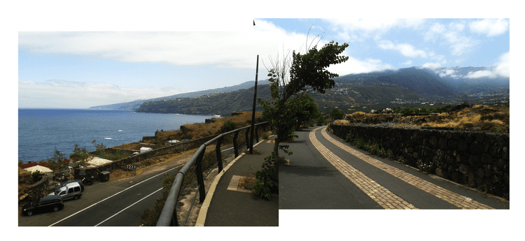 Dos fotografías de una carretera con vista al océano y las montañas.