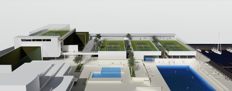 Representación arquitectónica de un complejo deportivo con pistas de tenis, piscinas y edificios modernos.