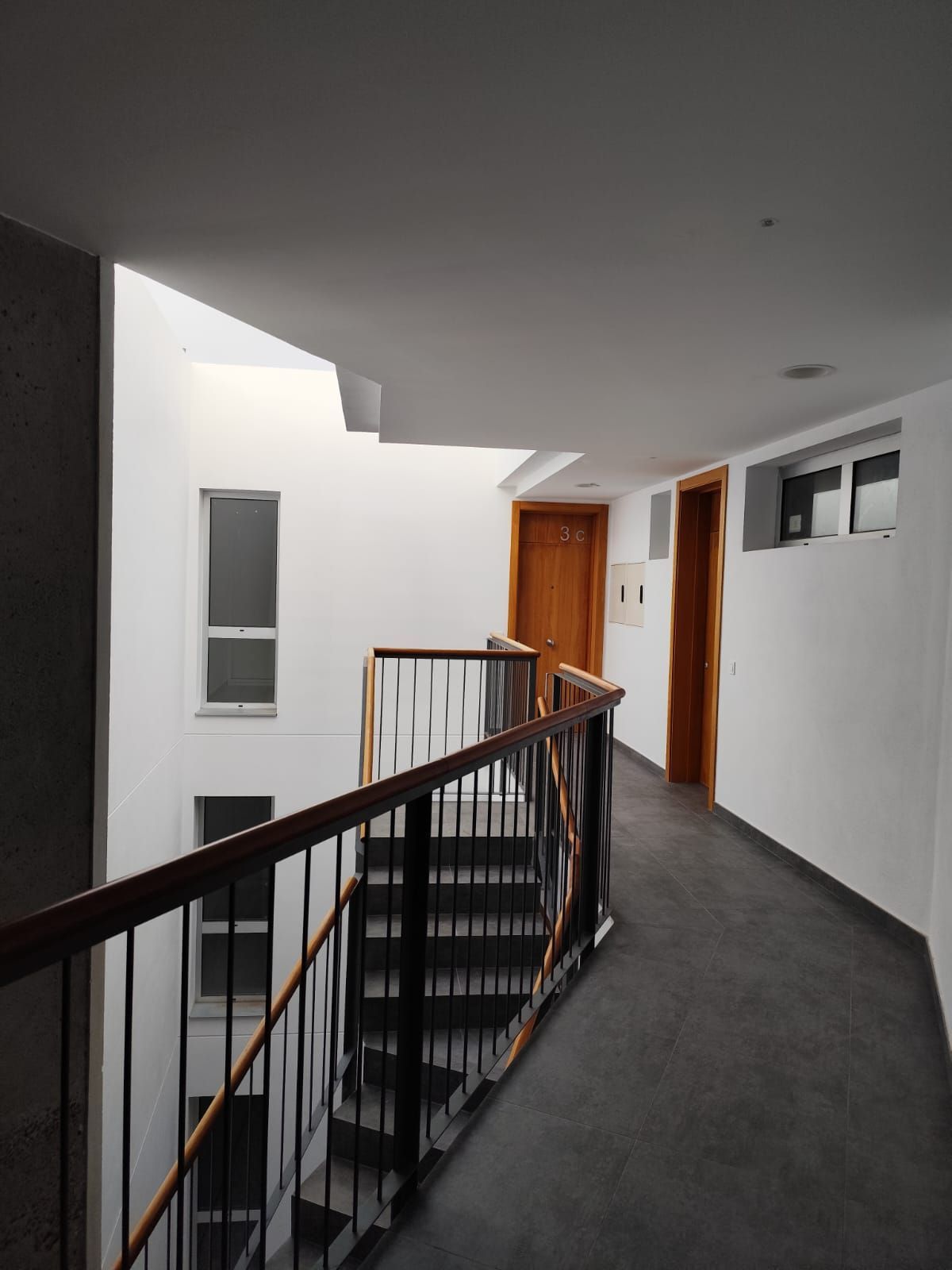Pasillo interior de apartamento con barandilla oscura, moqueta gris, paredes blancas y puertas de madera.