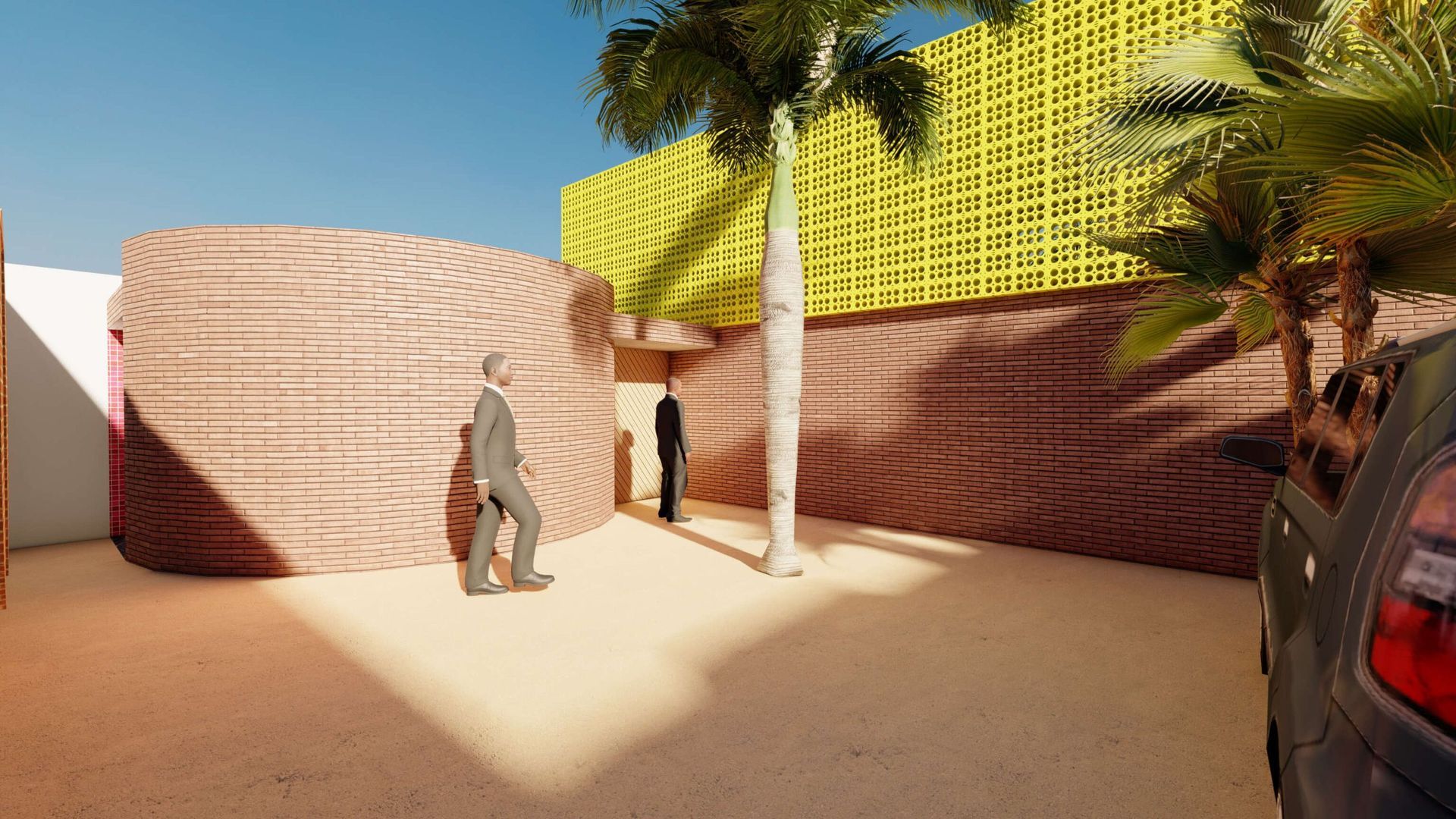 Una representación de un edificio con un automóvil estacionado frente a él.