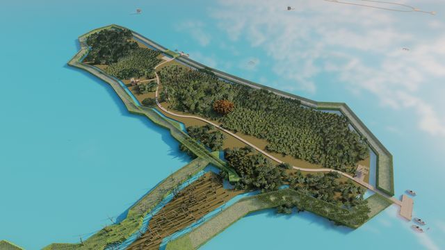 Una vista aérea de una pequeña isla rodeada de agua y árboles.