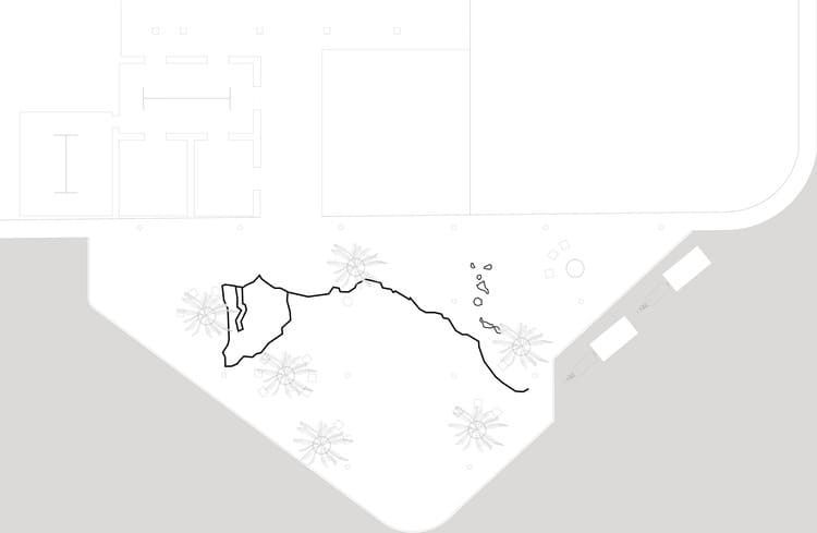 Un dibujo en blanco y negro de un paisaje con un río que lo atraviesa.