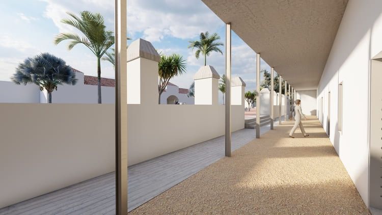 Impresión artística de un largo pasillo con palmeras al fondo.