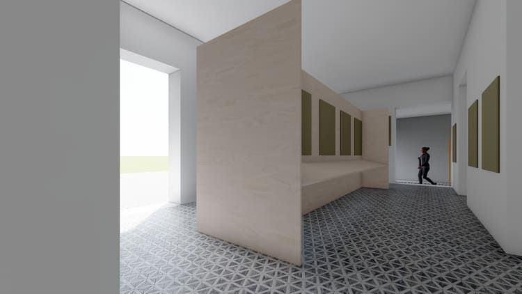 Impresión artística de un pasillo con una persona caminando por él.