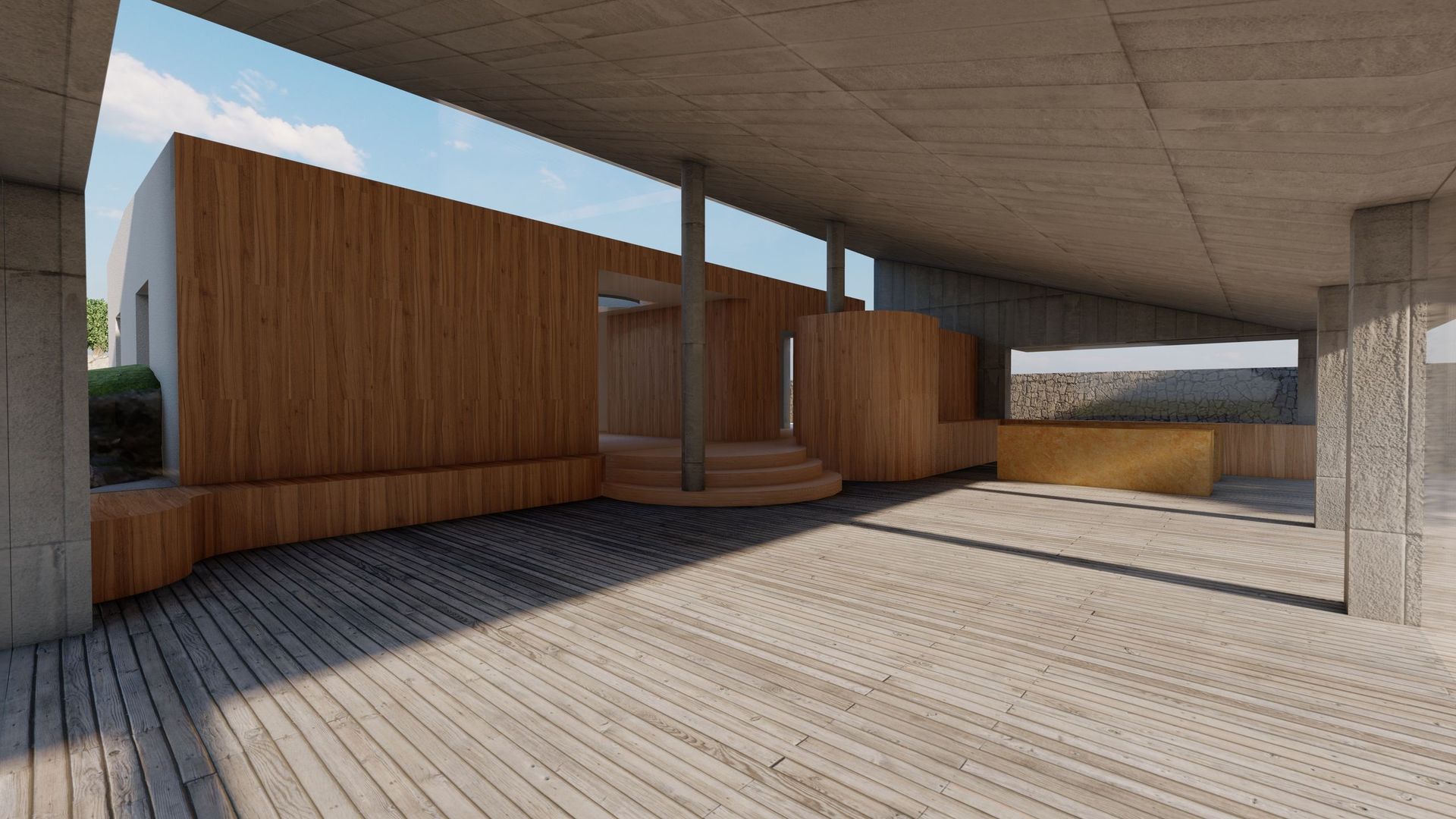 Impresión artística de una plataforma de madera debajo de un edificio.