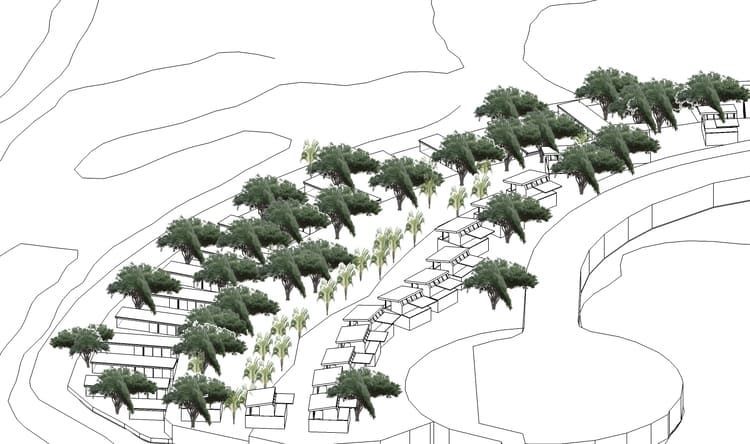 Un dibujo en blanco y negro de árboles en una ladera.