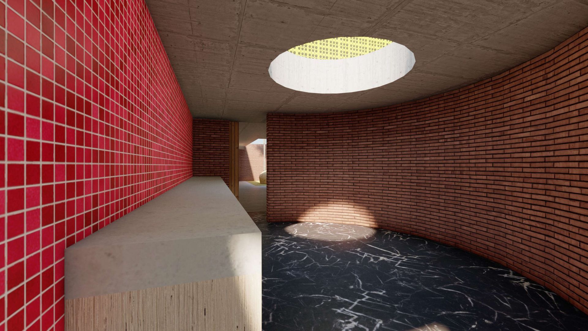 Una habitación con azulejos rojos en las paredes y una ventana circular en el techo.