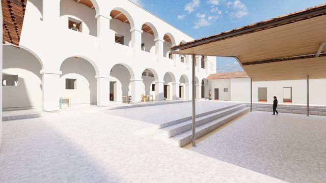 Impresión artística de un edificio blanco con arcos.