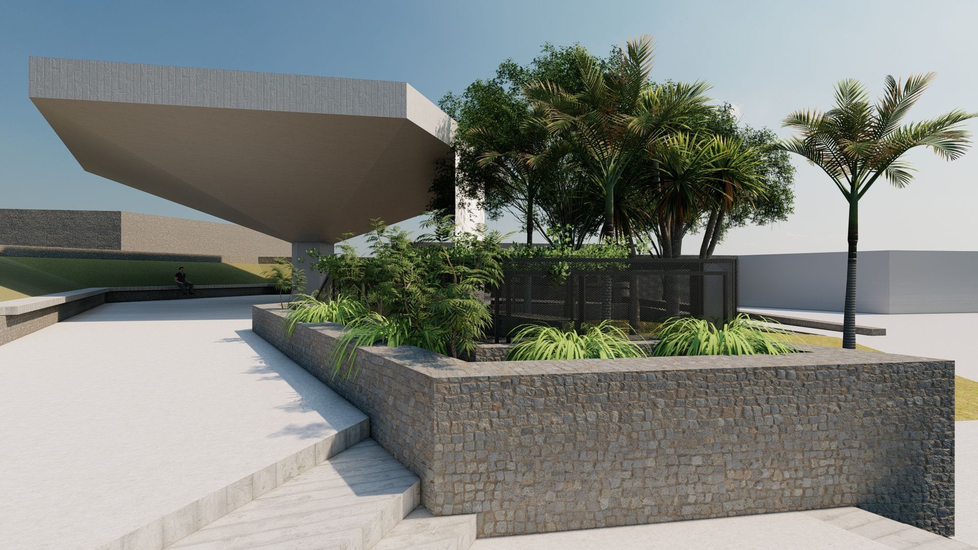 Una representación 3D de un edificio con árboles delante.