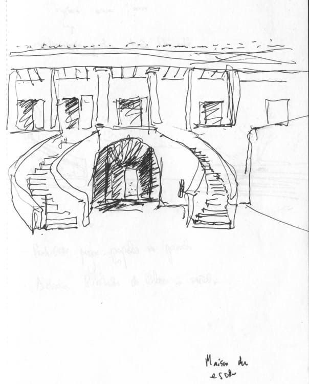 Un dibujo en blanco y negro de un edificio con escaleras.