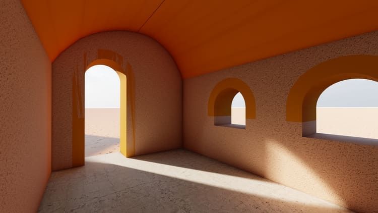 Una habitación vacía con ventanas arqueadas y un techo