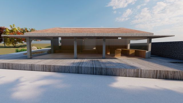 Impresión artística de una casa con techo de tejas rojas.