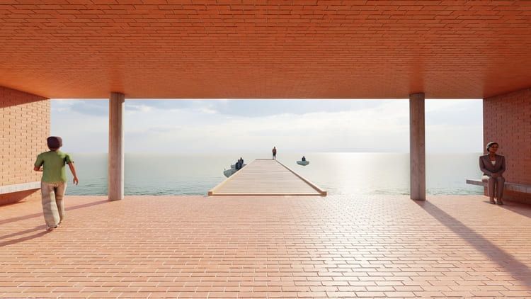 Impresión artística de un edificio con vista al océano.