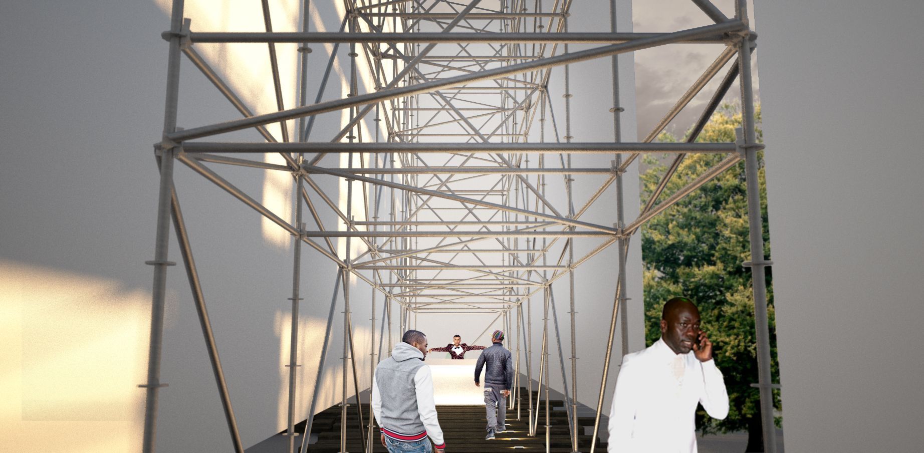 Un grupo de personas camina por un túnel hecho de andamios.