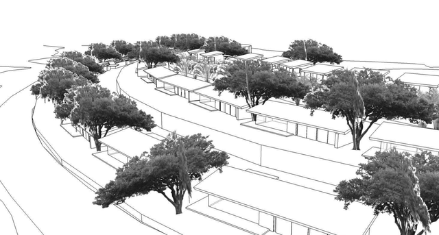 Un dibujo en blanco y negro de un parque con árboles y edificios.