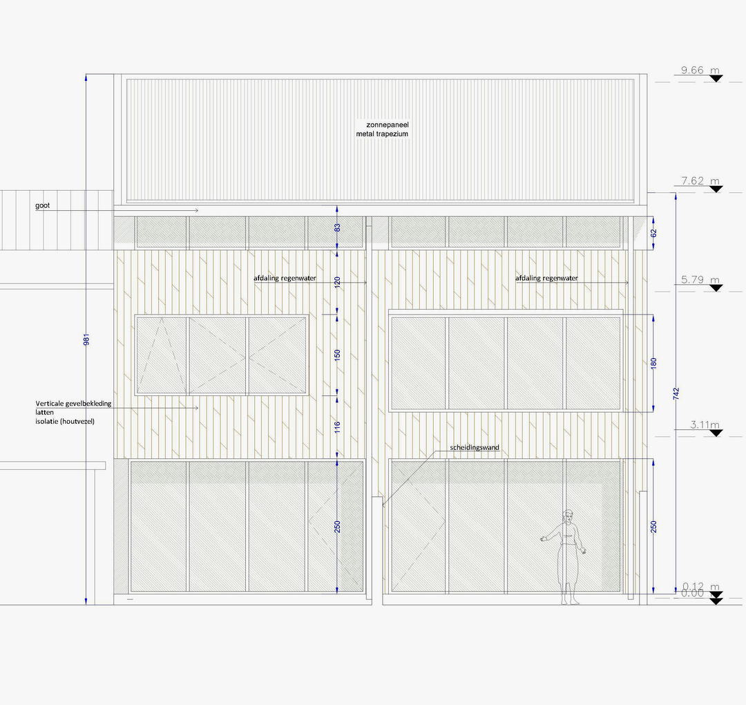 Un dibujo de un edificio con muchas ventanas y un techo.
