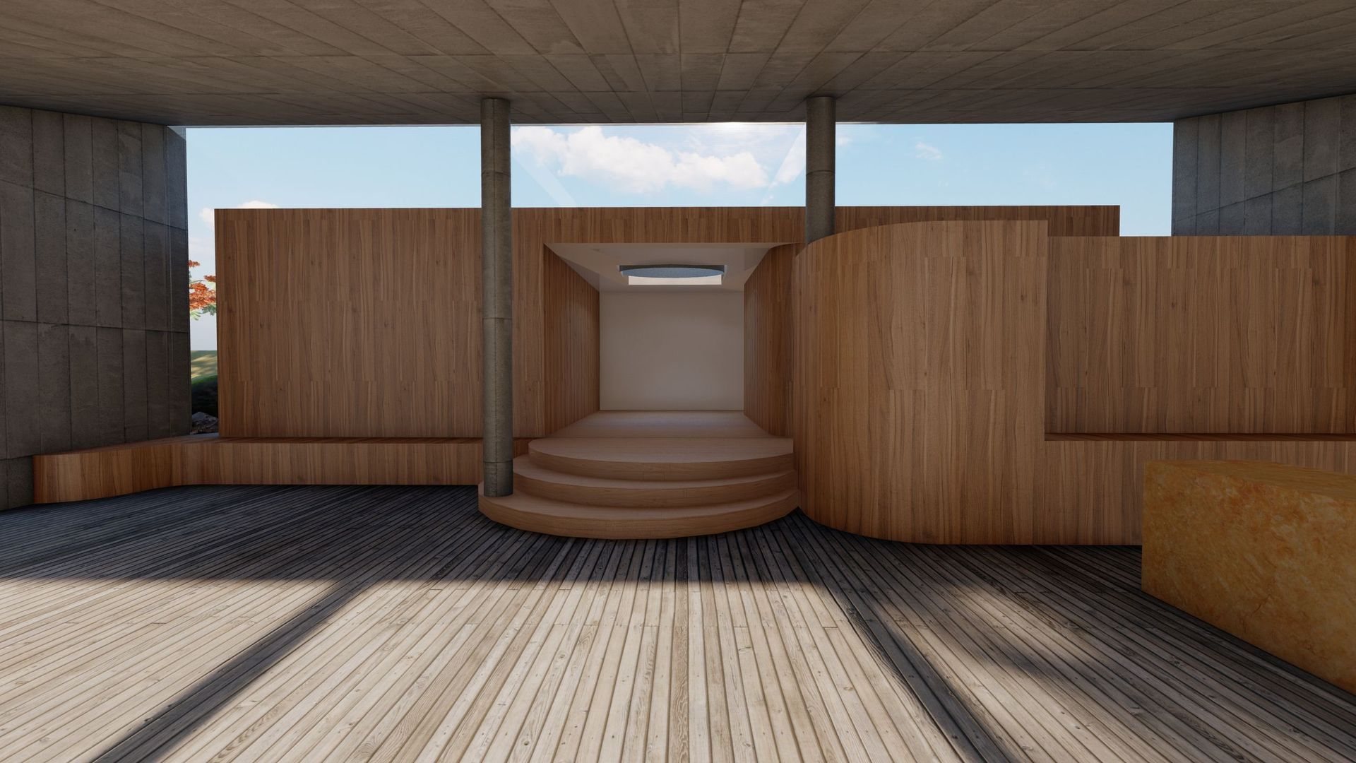 Una representación 3D de una habitación con paredes de madera y piso de madera.