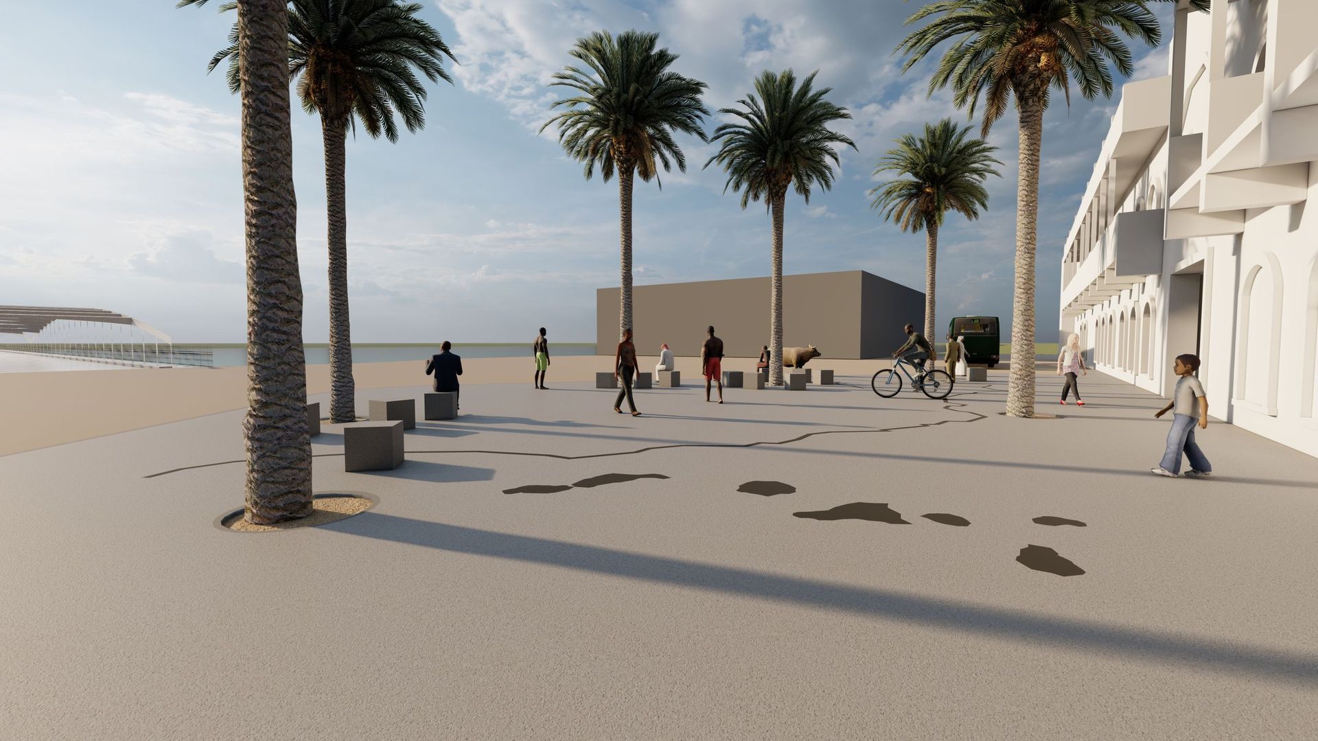 Un grupo de personas camina por una acera junto a palmeras.