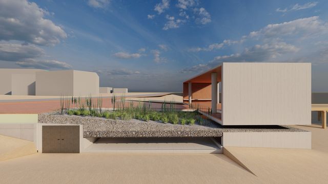 Impresión artística de una casa con garaje y jardín.