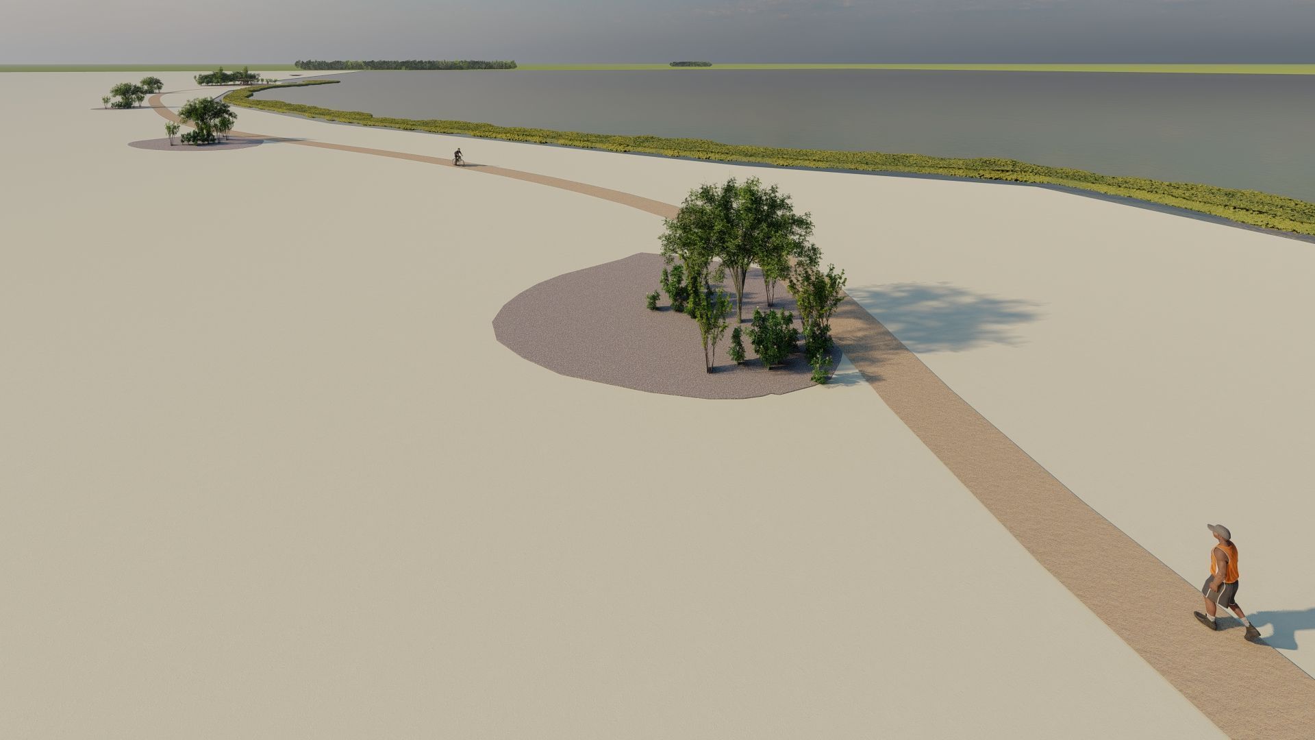 Una persona va en bicicleta por un sendero al lado de un cuerpo de agua.