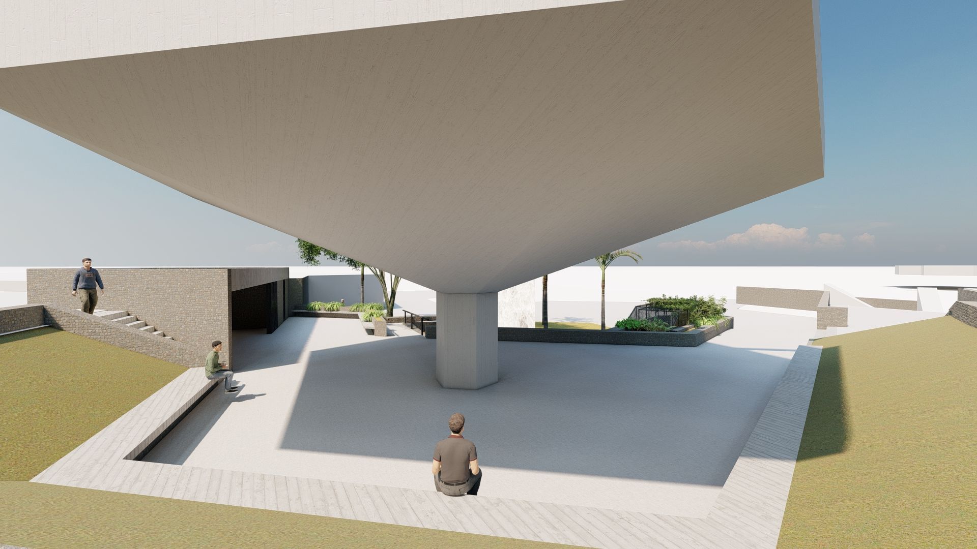 Impresión artística de un edificio con un hombre sentado debajo de él.