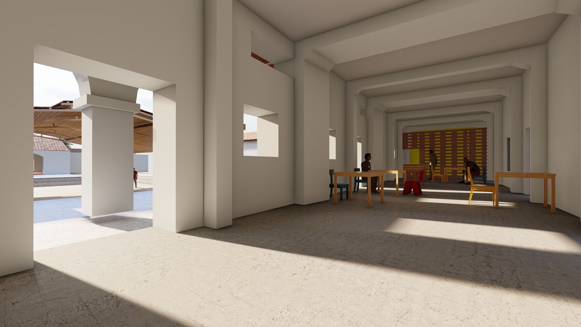 Impresión artística de una sala grande con mesas y sillas.