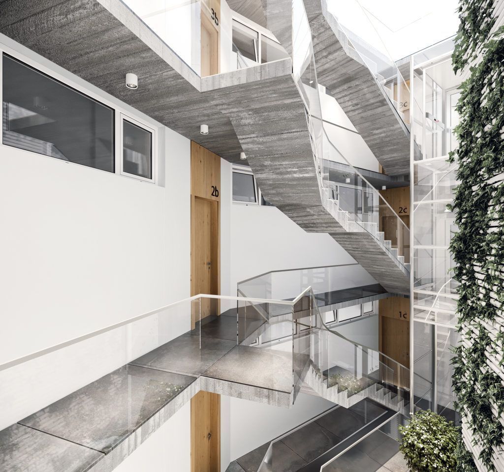 Impresión artística de un edificio con una escalera de caracol.