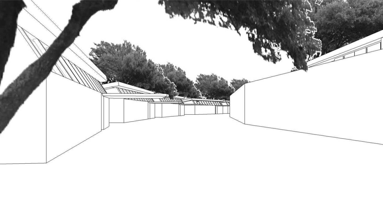 Un dibujo en blanco y negro de un edificio con árboles al fondo.