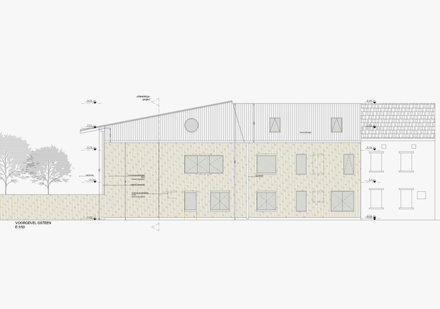 Un dibujo del lateral de un edificio con árboles al fondo.