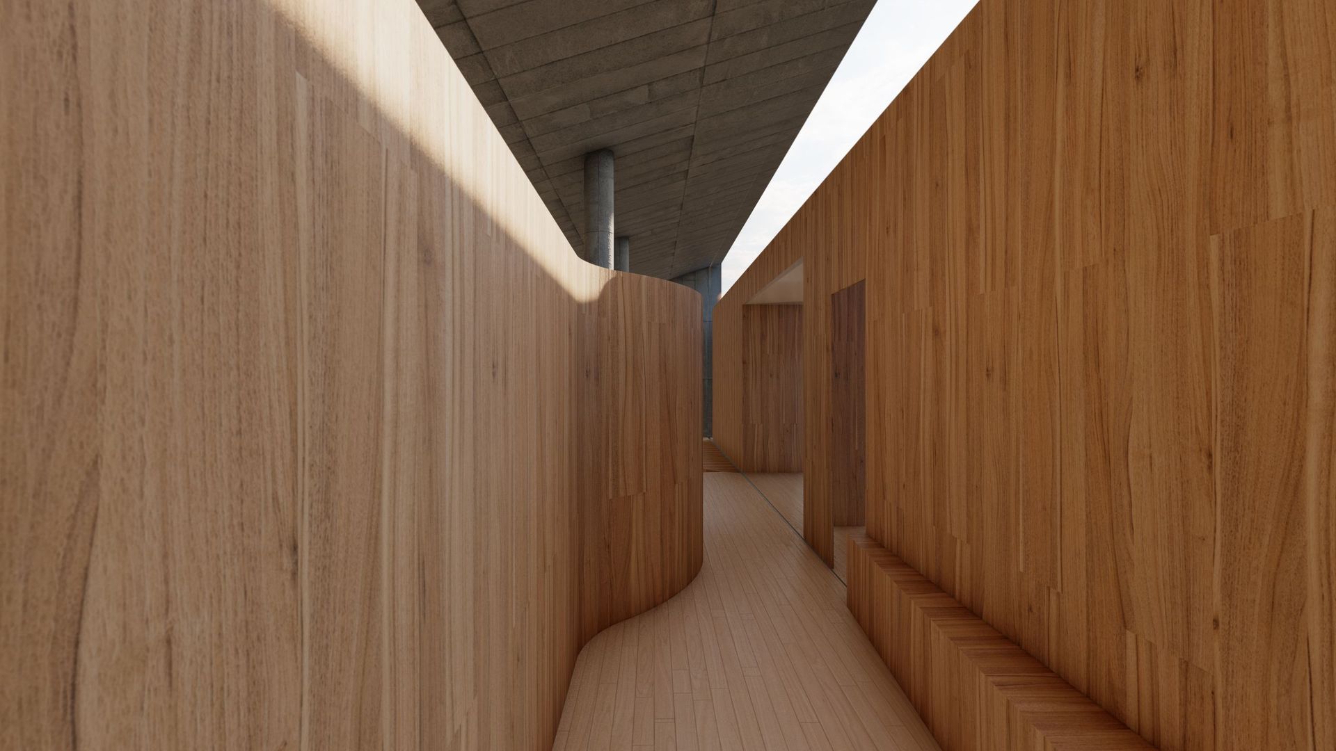 Un pasillo estrecho con paredes y techo de madera.