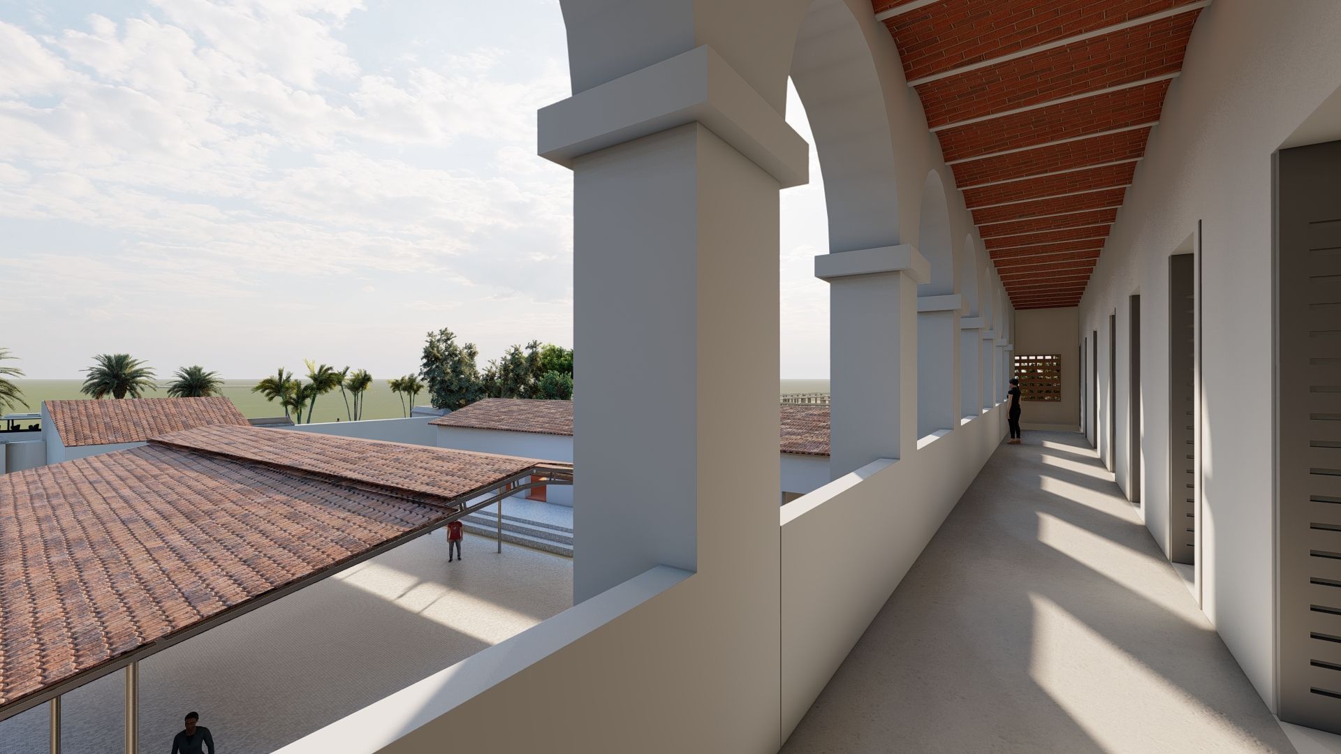 Impresión artística de un largo pasillo con arcos y techo de ladrillo.