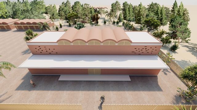 Representación de un edificio de color terracota con techo arqueado, detalles en blanco y un entorno desértico.
