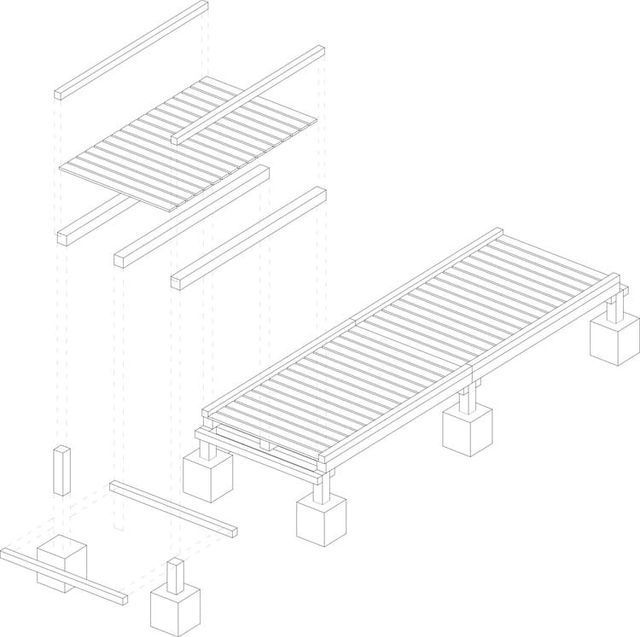 Un dibujo en blanco y negro de una terraza de madera.