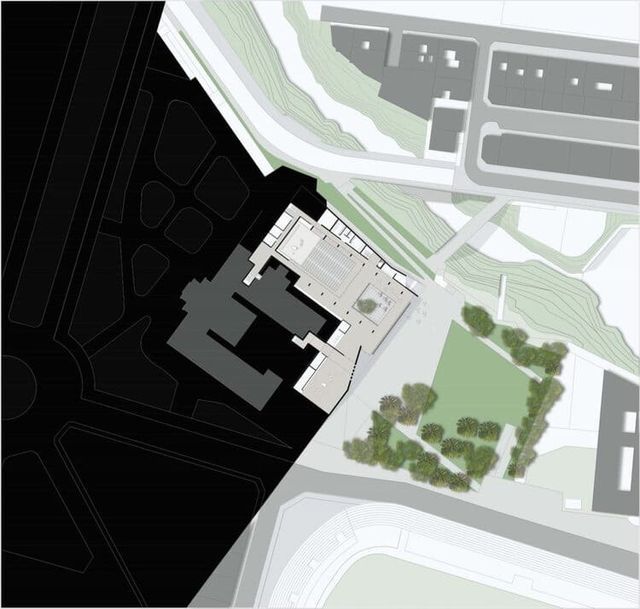 Un plano en blanco y negro de un edificio