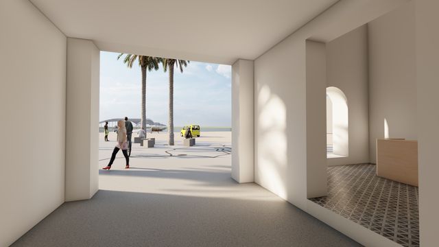 Impresión artística de una habitación con vistas a la playa.