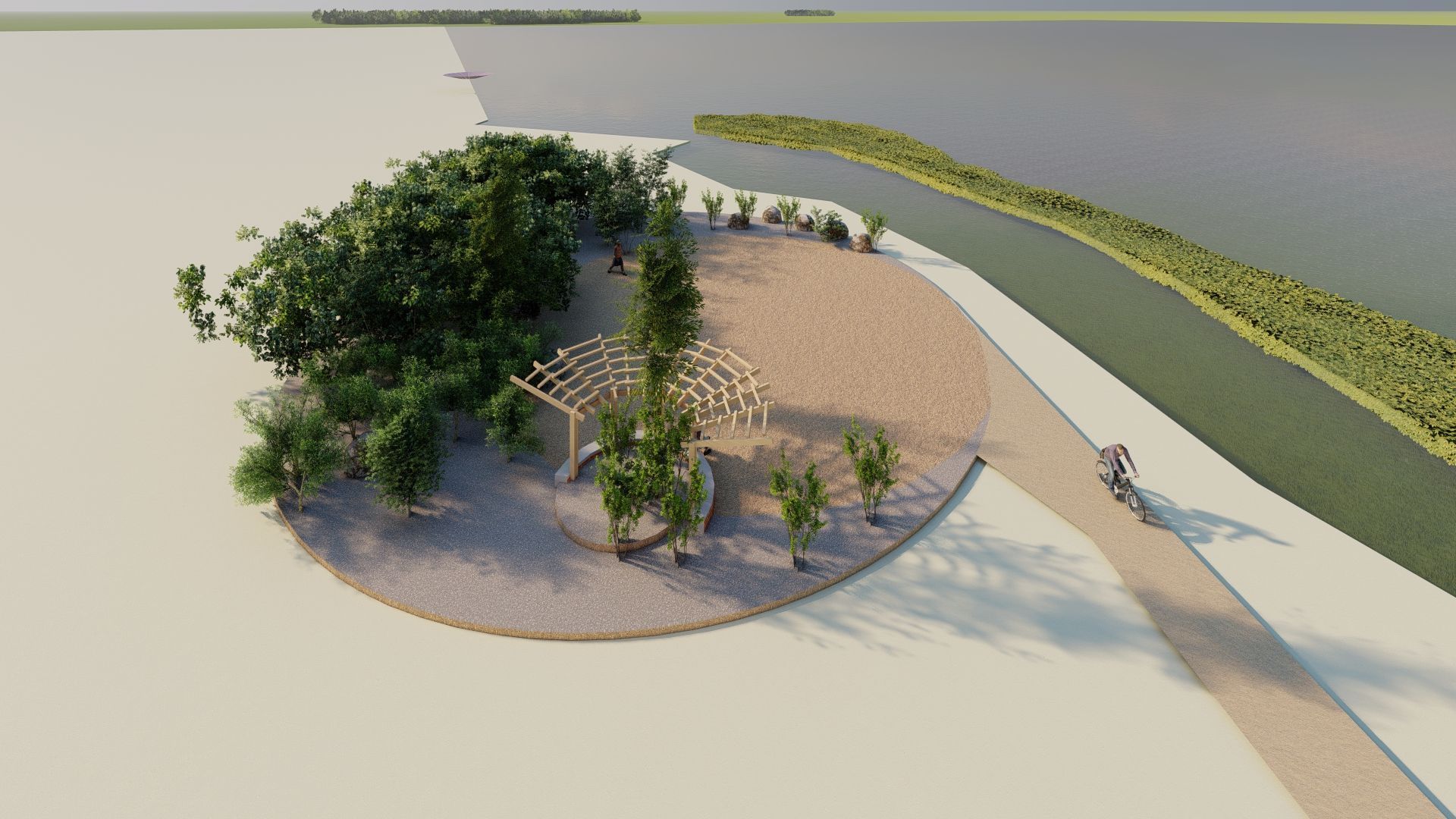 Una vista aérea de un parque con árboles y un río al fondo.